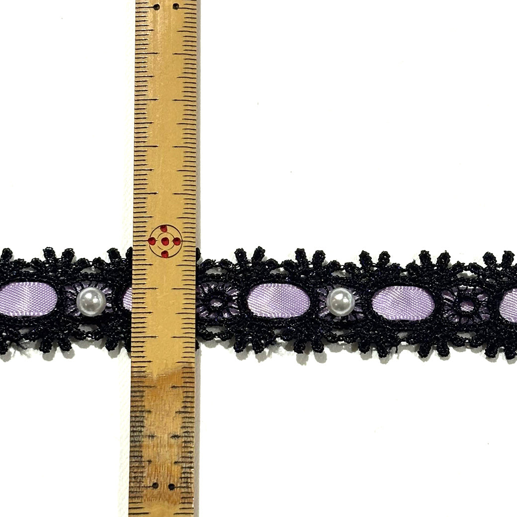 リボン 【 パールレースリボン 22mm 黒紫 】 レースリボン パール付きリボン 手芸用レース 手芸リボン ハンドメイド