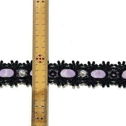 リボン 【 パールレースリボン 22mm 黒紫 】 レースリボン パール付きリボン 手芸用レース 手芸リボン ハンドメイド