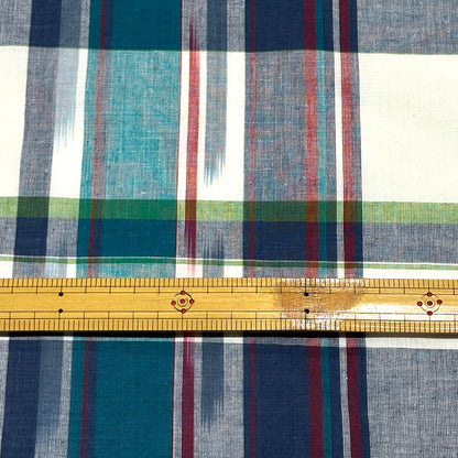 生地 【 インド綿マドラスチェック イカットターコイズ×ネイビー 】 108cm巾 綿100％ ikat チェック生地 コットンチェック 先染め