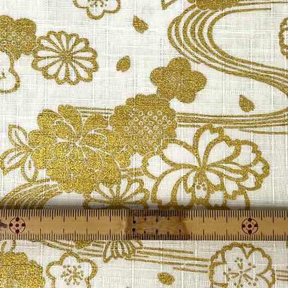 生地 【 和柄ドビーゴールド 四季花 ベージュ×ゴールド  】 112cm巾 綿100％ 和柄生地 ゴールドプリント 金彩風
