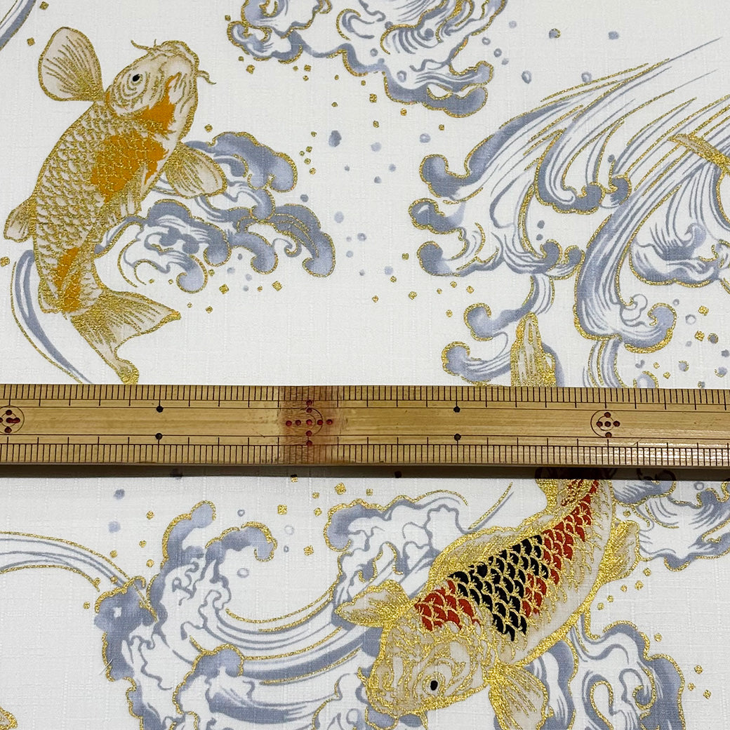 生地 【 和柄ドビー 金の鯉 白 】 ドビー織り 110cm巾 綿 コットン100％ 甚平 浴衣 ゆかた じんべえ