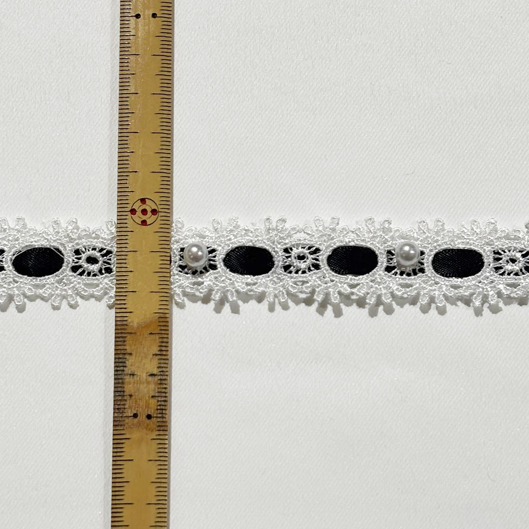 リボン 【 パールレースリボン 22mm 白黒 】 レースリボン パール付きリボン 手芸用レース 手芸リボン ハンドメイド