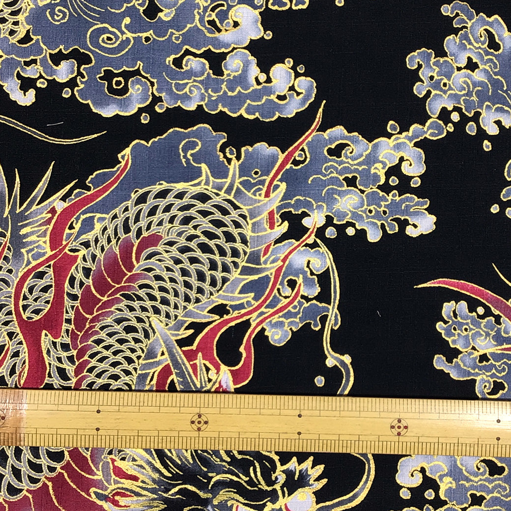 生地 【 和柄ドビー 金 龍 黒 】ドビー生地 112cm巾 綿100％ 和柄生地 金彩 龍 龍柄 和柄 和調プリント