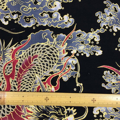 生地 【 和柄ドビー 金 龍 黒 】ドビー生地 112cm巾 綿100％ 和柄生地 金彩 龍 龍柄 和柄 和調プリント