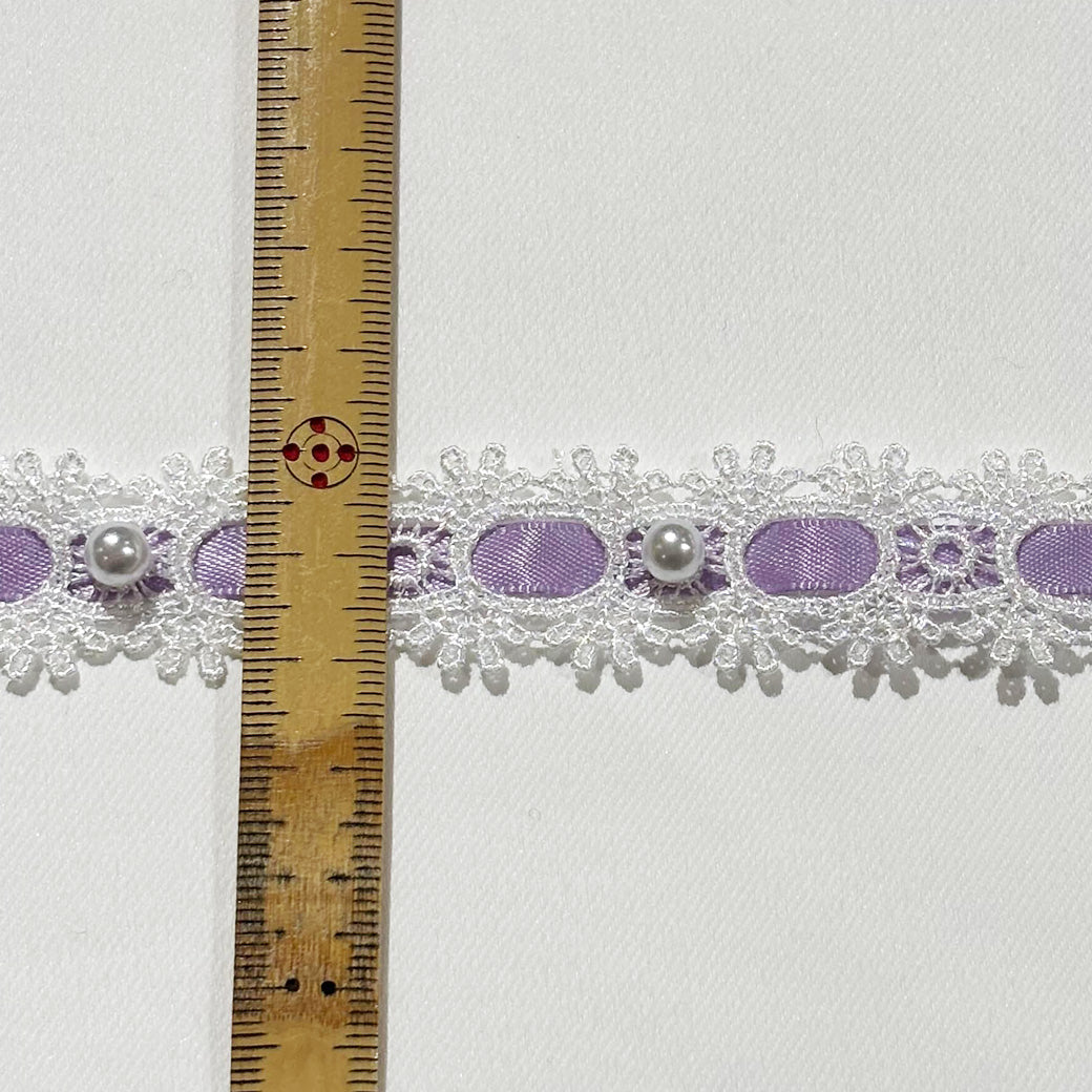 リボン 【 パールレースリボン 22mm 白紫 】 レースリボン パール付きリボン 手芸用レース 手芸リボン ハンドメイド