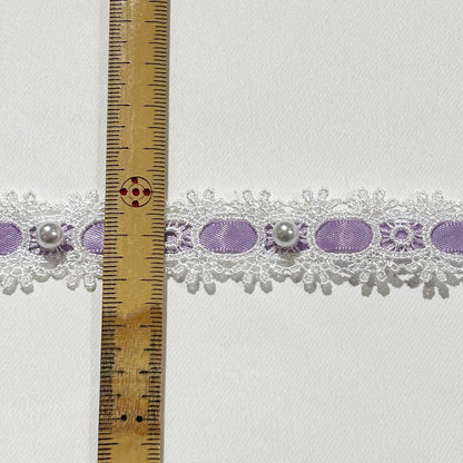 リボン 【 パールレースリボン 22mm 白紫 】 レースリボン パール付きリボン 手芸用レース 手芸リボン ハンドメイド