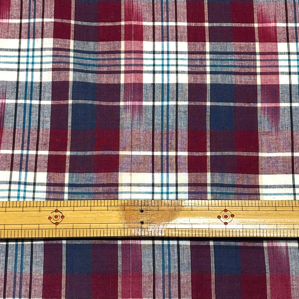 生地 【 インド綿マドラスチェック イカット エンジ×ターコイズ 】 108cm巾 綿100％ ikat チェック生地 コットンチェック 先染め
