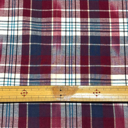 生地 【 インド綿マドラスチェック イカット エンジ×ターコイズ 】 108cm巾 綿100％ ikat チェック生地 コットンチェック 先染め