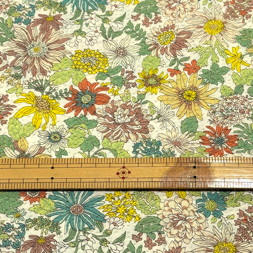 生地 【 花柄リップル 白オレンジ 】 110cm巾 リップル生地 綿100％ コットンリップル