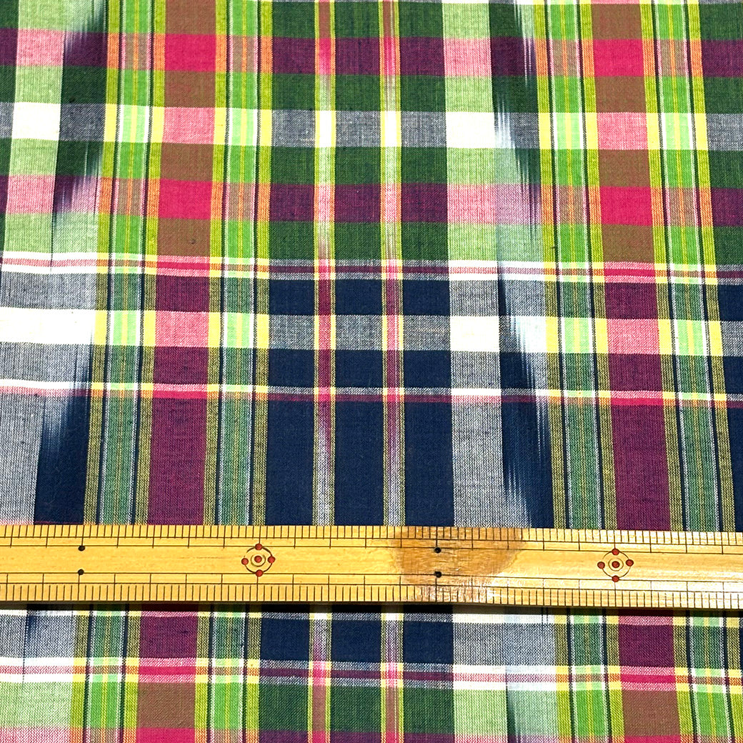 生地 【 インド綿マドラスチェック イカット ネイビー×グリーン 】 108cm巾 綿100％ ikat チェック生地 コットンチェック 先染め