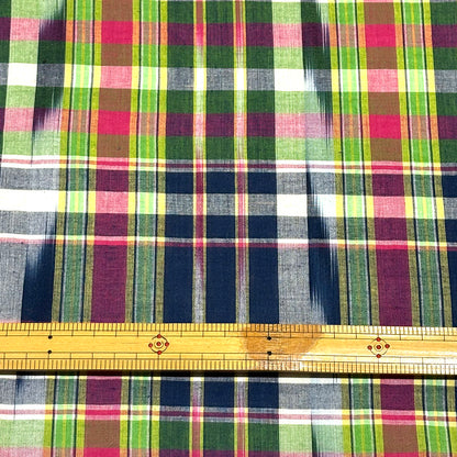 生地 【 インド綿マドラスチェック イカット ネイビー×グリーン 】 108cm巾 綿100％ ikat チェック生地 コットンチェック 先染め