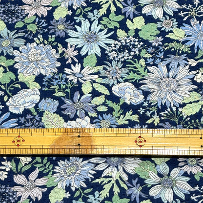 生地 【 花柄リップル ネイビー青 】 110cm巾 リップル生地 綿100％ コットンリップル