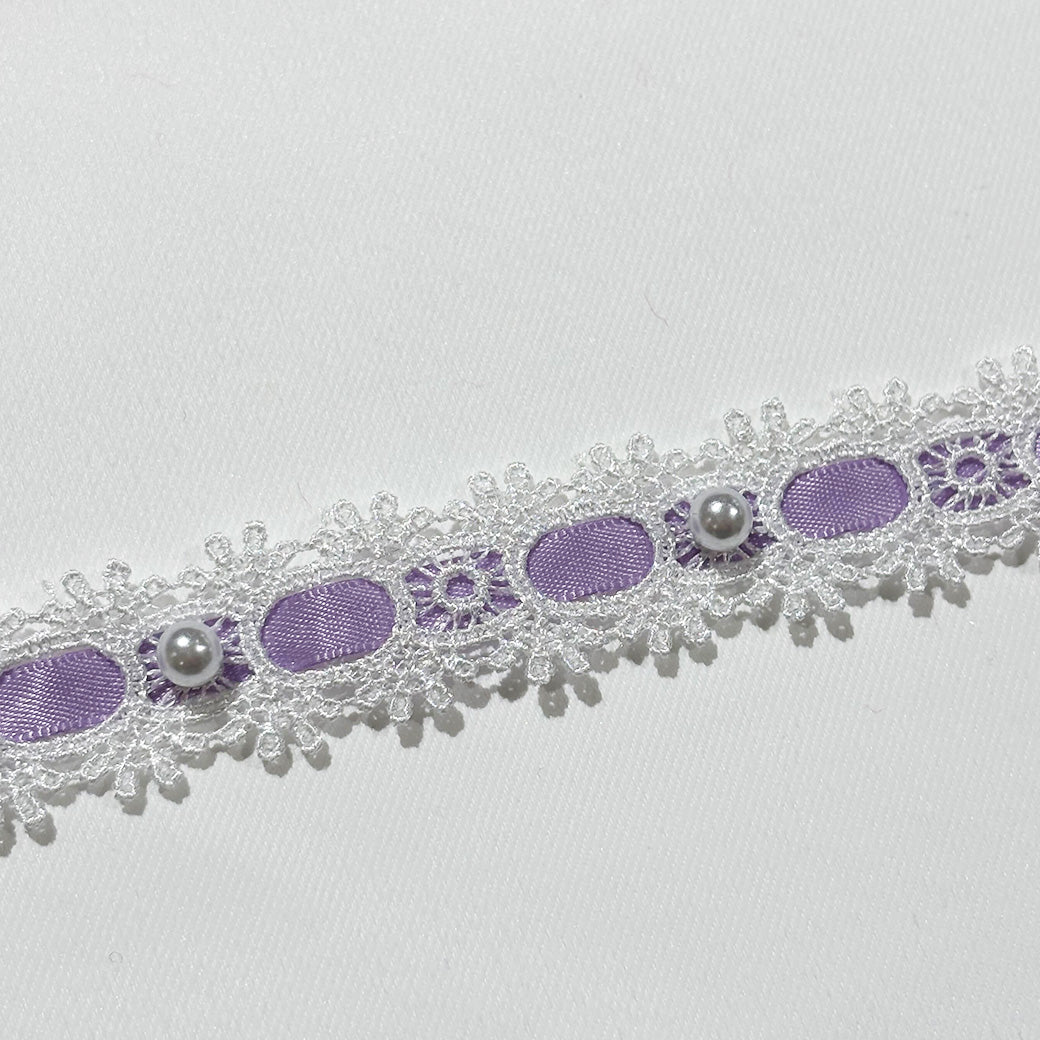 リボン 【 パールレースリボン 22mm 白紫 】 レースリボン パール付きリボン 手芸用レース 手芸リボン ハンドメイド
