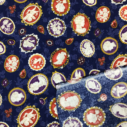生地 【 QUILT GATE 西欧チャーム 紺 】 キルトゲイト シーチング生地 108cm巾 貴婦人 マリーアントワネット カメオ ジュエル 西欧風 国産 綿プリント
