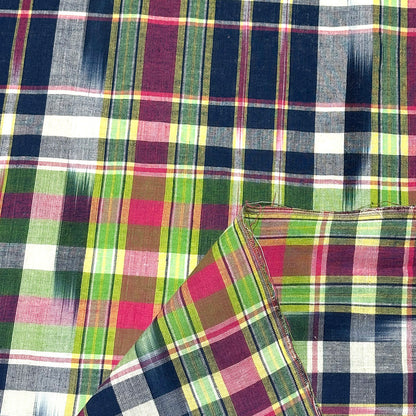 生地 【 インド綿マドラスチェック イカット ネイビー×グリーン 】 108cm巾 綿100％ ikat チェック生地 コットンチェック 先染め