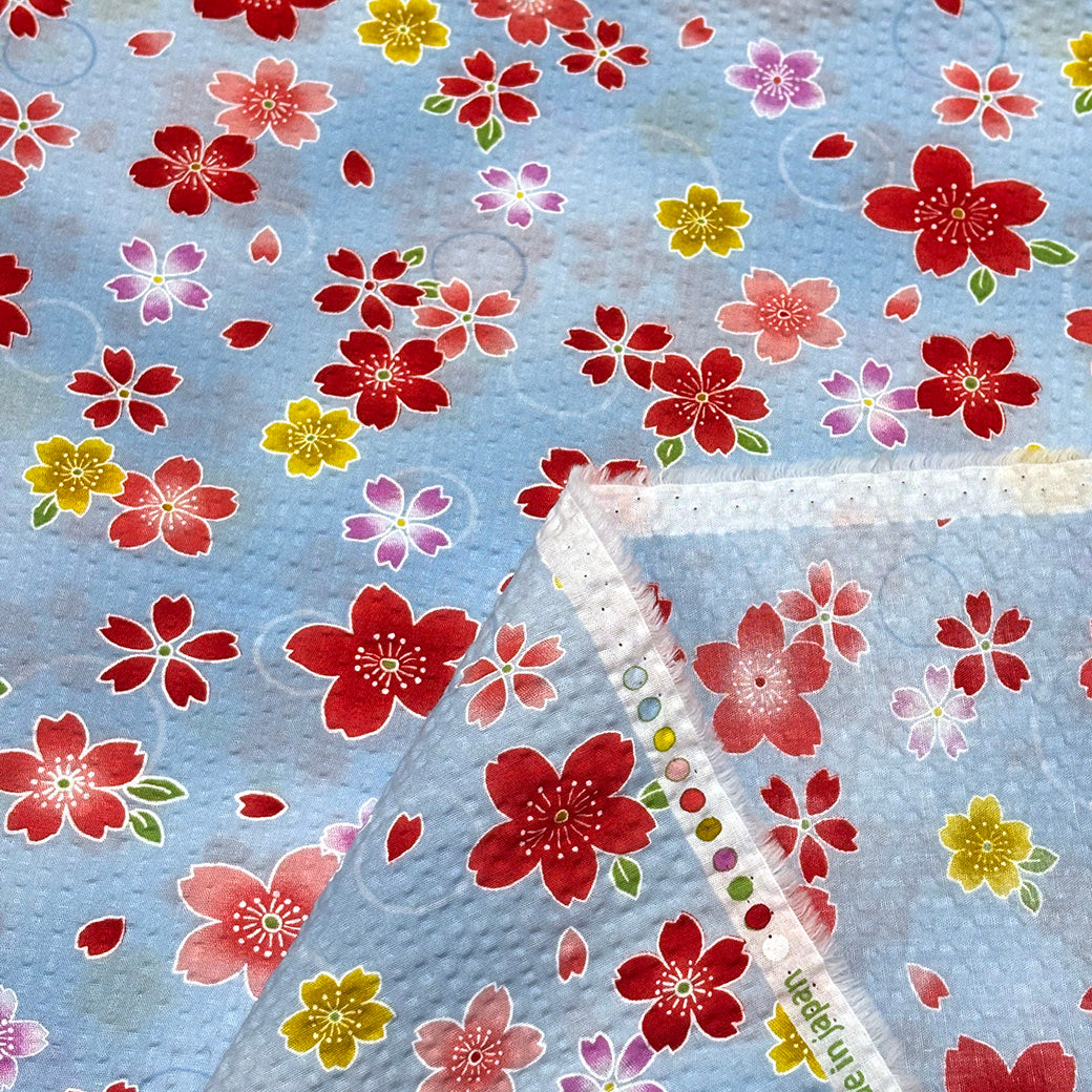 生地 【 リップル 桜 スカイ】 112cm巾 リップル生地 サッカー生地 甚平 浴衣 ゆかた じんべえ