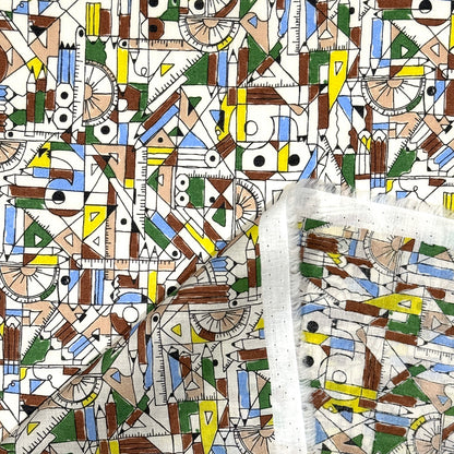生地 【 60ローンプリント 文房具 オフ×緑 】 ローン生地 105cm巾 綿生地 綿 コットン 綿100％ 文房具 筆記用具 勉強道具 鉛筆