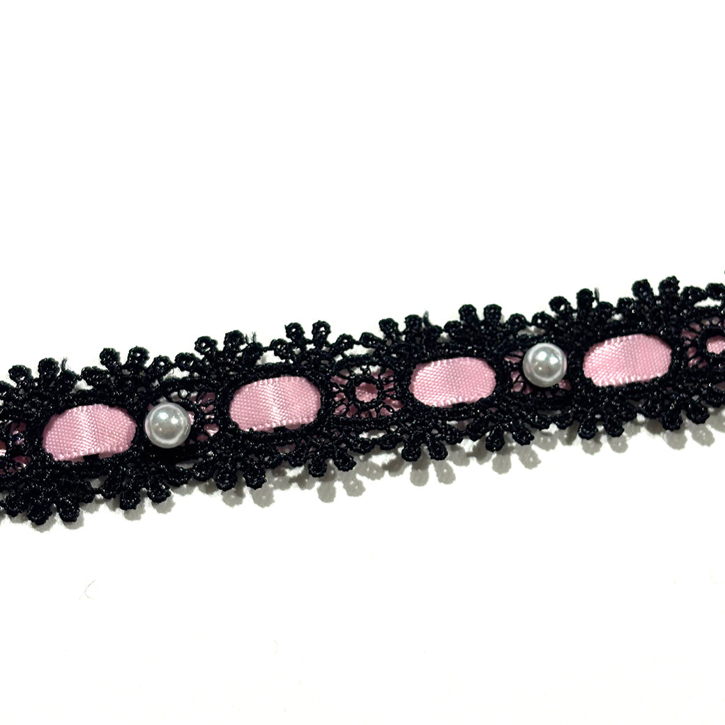 リボン 【 パールレースリボン 22mm 黒ピンク 】 レースリボン パール付きリボン 手芸用レース 手芸リボン ハンドメイド
