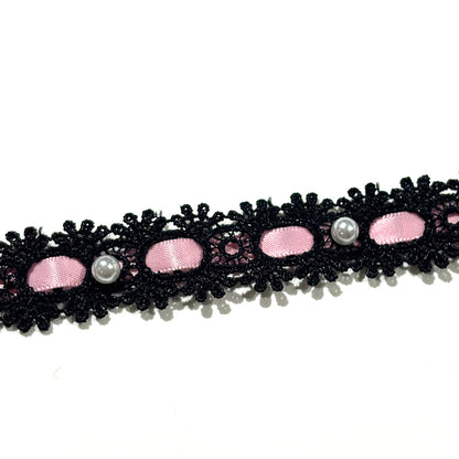 リボン 【 パールレースリボン 22mm 黒ピンク 】 レースリボン パール付きリボン 手芸用レース 手芸リボン ハンドメイド