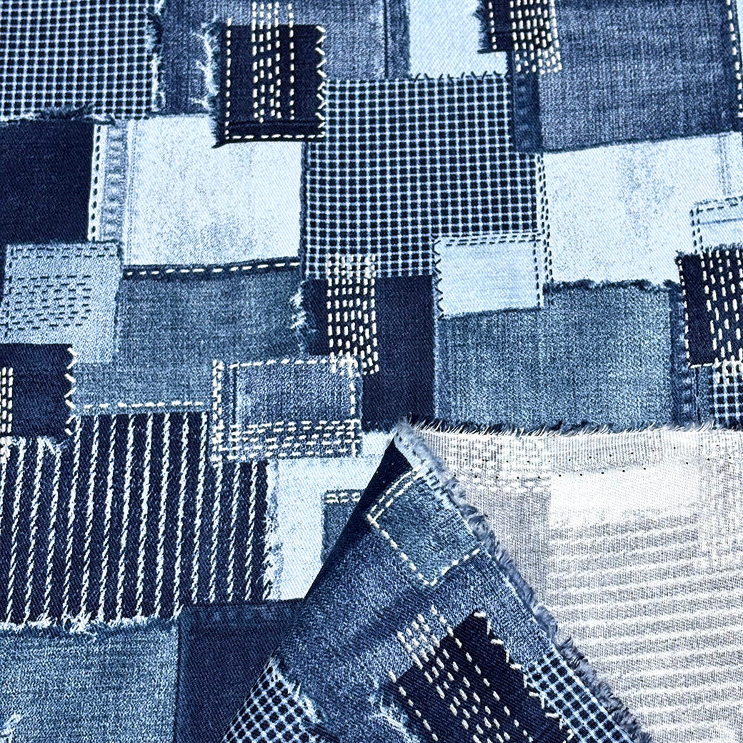 デニムパッチワークプリント生地