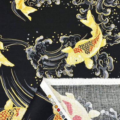 生地 【 和柄ドビー 金の鯉 黒】 ドビー織り 110cm巾 綿 コットン100％ 甚平 浴衣 ゆかた じんべえ