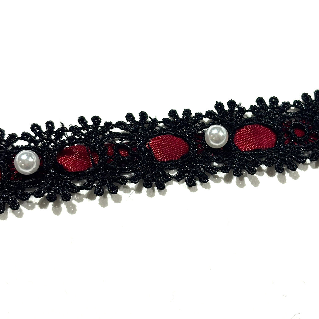 リボン 【 パールレースリボン 22mm 黒赤 】 レースリボン パール付きリボン 手芸用レース 手芸リボン ハンドメイド