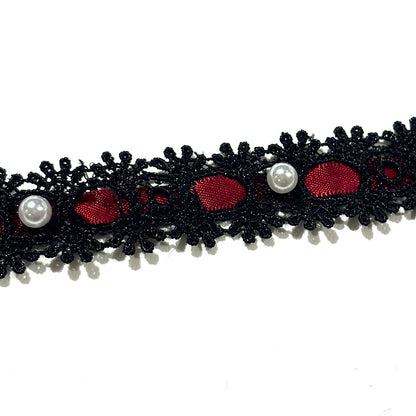 リボン 【 パールレースリボン 22mm 黒赤 】 レースリボン パール付きリボン 手芸用レース 手芸リボン ハンドメイド