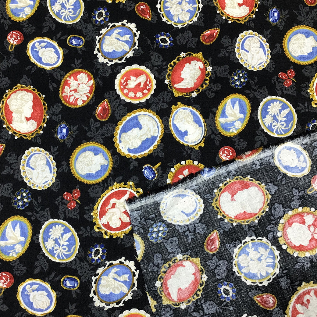 生地 【 QUILT GATE 西欧チャーム 黒 】 キルトゲイト シーチング生地 108cm巾 貴婦人 マリーアントワネット カメオ ジュエル 西欧風 国産 綿プリント