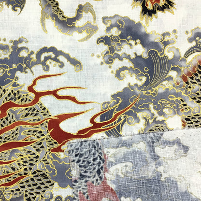生地 【 和柄ドビー 金 龍 白】ドビー生地 112cm巾 綿100％ 和柄生地 金彩 龍 龍柄 和柄 和調プリント