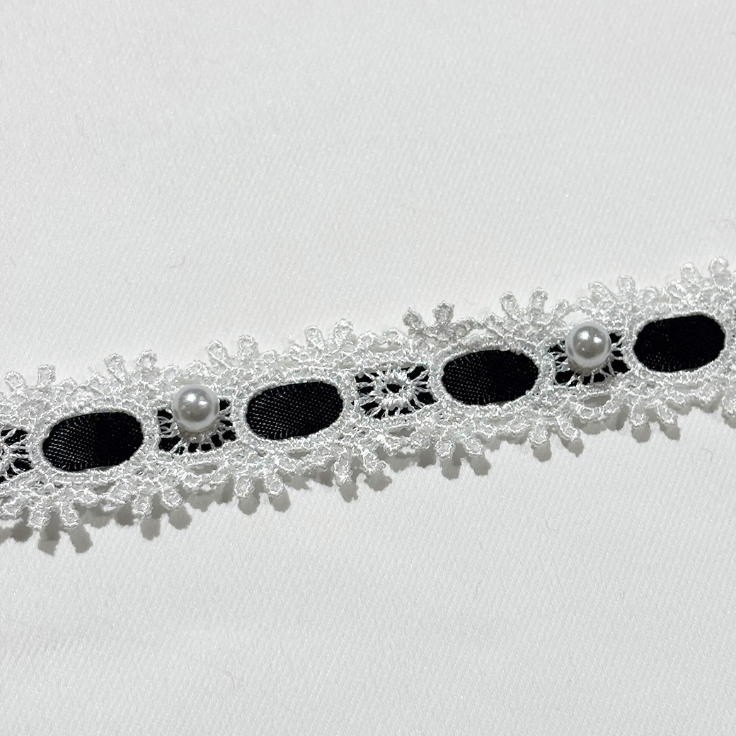 リボン 【 パールレースリボン 22mm 白黒 】 レースリボン パール付きリボン 手芸用レース 手芸リボン ハンドメイド