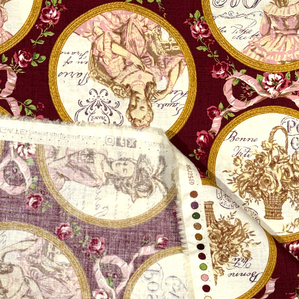 生地 【 QUILT GATE 鏡の貴婦人 ボルドー 】 キルトゲイト シーチング生地 108cm巾 貴婦人 マリーアントワネットドレス 宮廷 ティーパーティ
