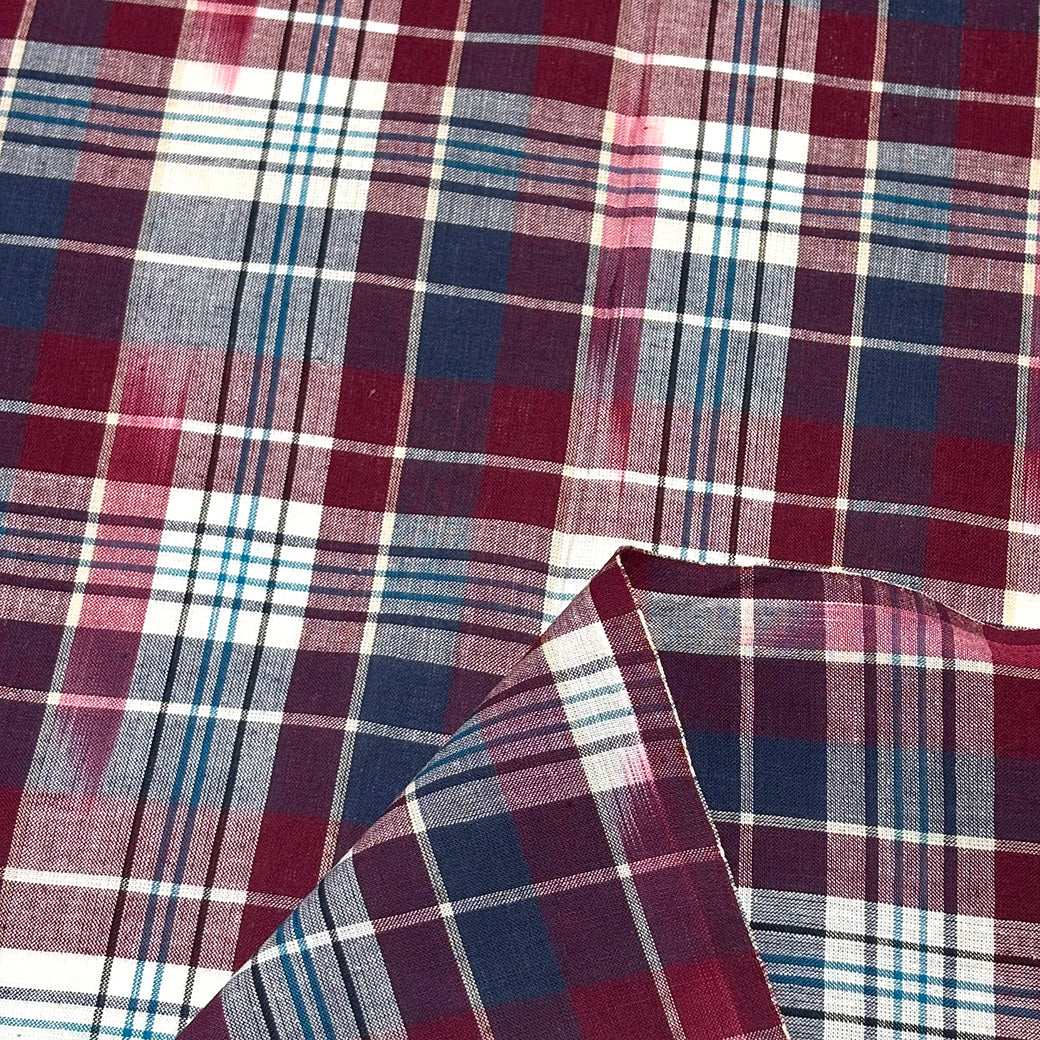 生地 【 インド綿マドラスチェック イカット エンジ×ターコイズ 】 108cm巾 綿100％ ikat チェック生地 コットンチェック 先染め