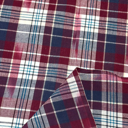 生地 【 インド綿マドラスチェック イカット エンジ×ターコイズ 】 108cm巾 綿100％ ikat チェック生地 コットンチェック 先染め