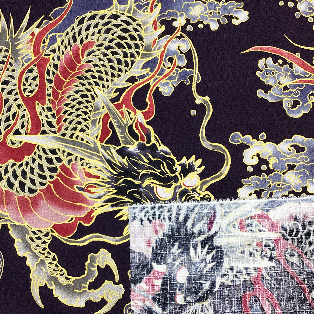 生地 【 和柄ドビー 金 龍 紫 】ドビー生地 112cm巾 綿100％ 和柄生地 金彩 龍 龍柄 和柄 和調プリント