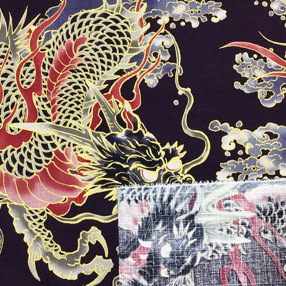 生地 【 和柄ドビー 金 龍 紫 】ドビー生地 112cm巾 綿100％ 和柄生地 金彩 龍 龍柄 和柄 和調プリント