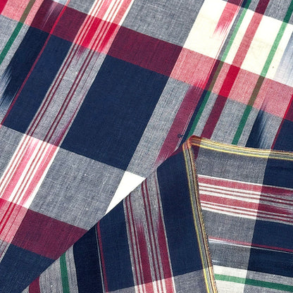 生地 【 インド綿マドラスチェック イカット ネイビー×レッド 】 108cm巾 綿100％ ikat チェック生地 コットンチェック 先染め