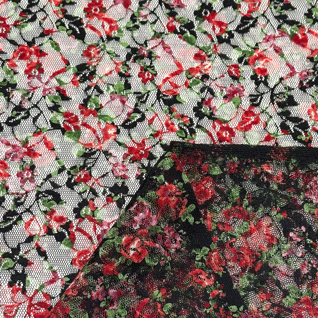 生地 【 花柄ラッセルレース 黒赤緑】 レース レース生地 花柄レース 刺繍 レース刺繍 108cm巾 ポリエステル ラッセル編