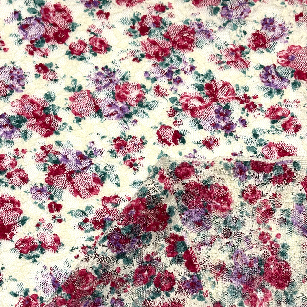 生地 【 花柄ラッセルレース オフ赤紫】 レース レース生地 花柄レース 刺繍 レース刺繍 108cm巾 ポリエステル ラッセル編