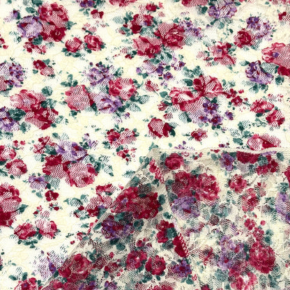 生地 【 花柄ラッセルレース オフ赤紫】 レース レース生地 花柄レース 刺繍 レース刺繍 108cm巾 ポリエステル ラッセル編