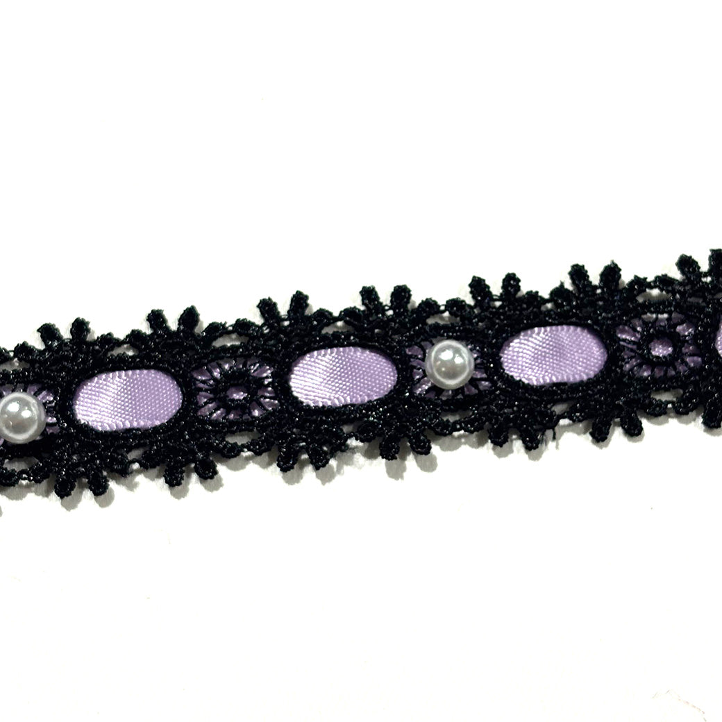 リボン 【 パールレースリボン 22mm 黒紫 】 レースリボン パール付きリボン 手芸用レース 手芸リボン ハンドメイド