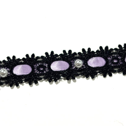 リボン 【 パールレースリボン 22mm 黒紫 】 レースリボン パール付きリボン 手芸用レース 手芸リボン ハンドメイド