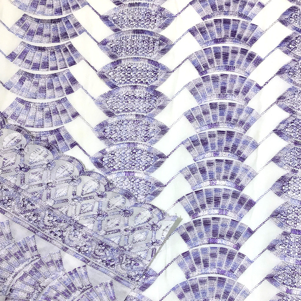 生地 【 刺繍レース スカイパープル 】 レース生地 103cm巾 刺繍レース 刺しゅう生地 立体レース 透け感レース 幾何学模様