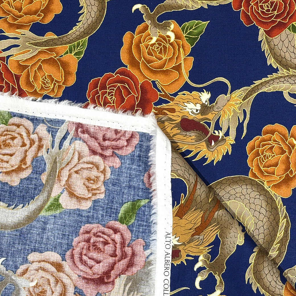 生地 【 和柄　龍と薔薇　紺青】和柄生地 巾110cm 綿100％ プリント生地 和風 和モダン 日本柄 龍柄 辰 花柄 バラ