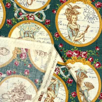 生地 【 QUILT GATE 鏡の貴婦人 緑 】 キルトゲイト シーチング生地 108cm巾 貴婦人 マリーアントワネットドレス 宮廷 ティーパーティ