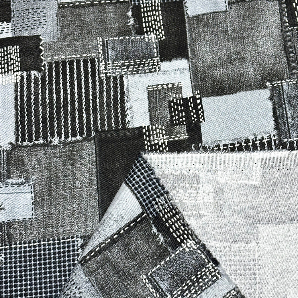デニムパッチワークプリント生地