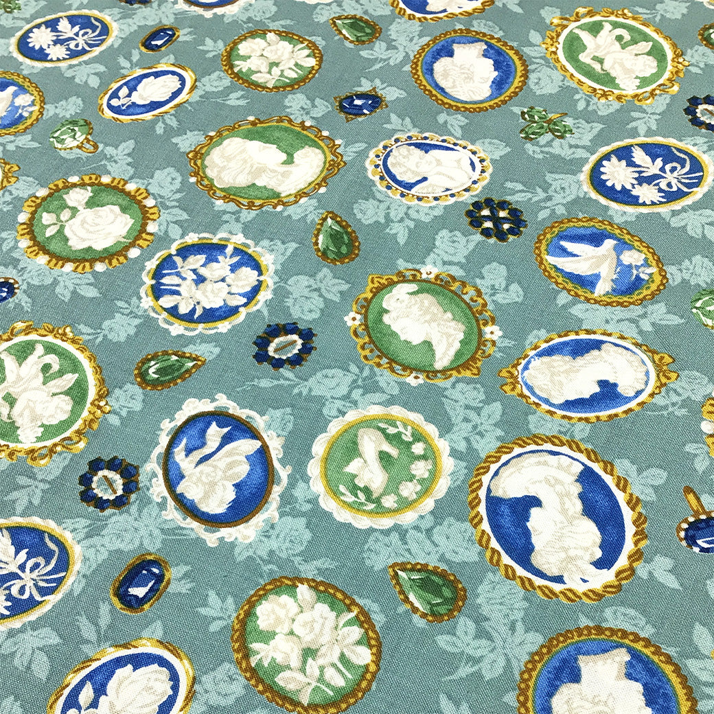 生地 【 QUILT GATE 西欧チャーム ミント 】 キルトゲイト シーチング生地 108cm巾 貴婦人 マリーアントワネット カメオ ジュエル 西欧風 国産 綿プリント