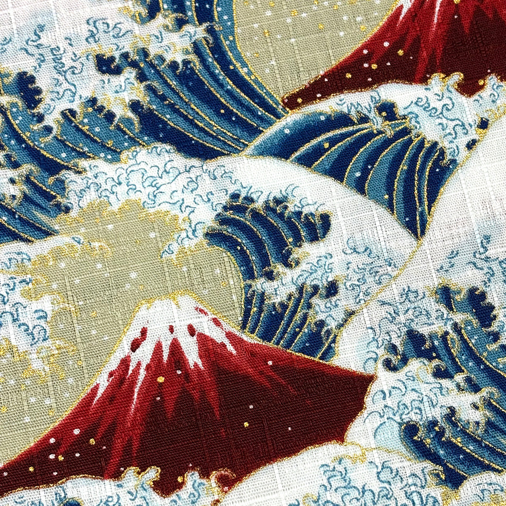 生地 【 葛飾北斎 富士山 ベージュ×赤 】 ドビー織生地 サザンクロス