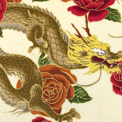 生地 【 和柄　龍と薔薇　A生成】和柄生地 巾110cm 綿100％ プリント生地 和風 和モダン 日本柄 龍柄 辰 花柄 バラ