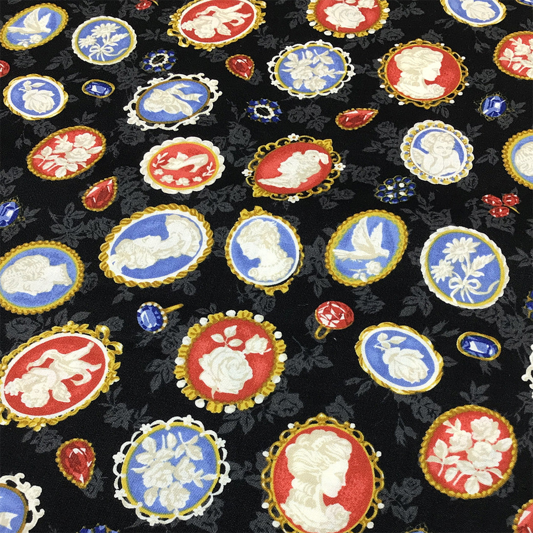 生地 【 QUILT GATE 西欧チャーム 黒 】 キルトゲイト シーチング生地 108cm巾 貴婦人 マリーアントワネット カメオ ジュエル 西欧風 国産 綿プリント