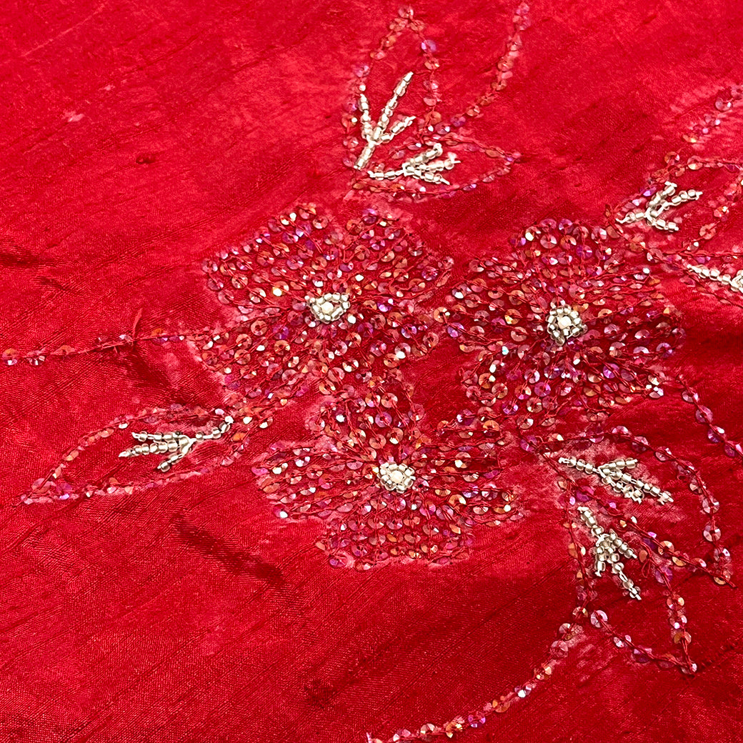 生地 【 シルク ビーズ レッド 】 112cm巾 シルク生地 ビーズ刺繍